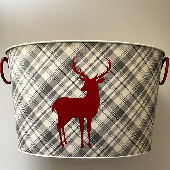 REINDEER OVAL METAL BUCKET CHRISTMAS DECOR - Picture 2 of 8